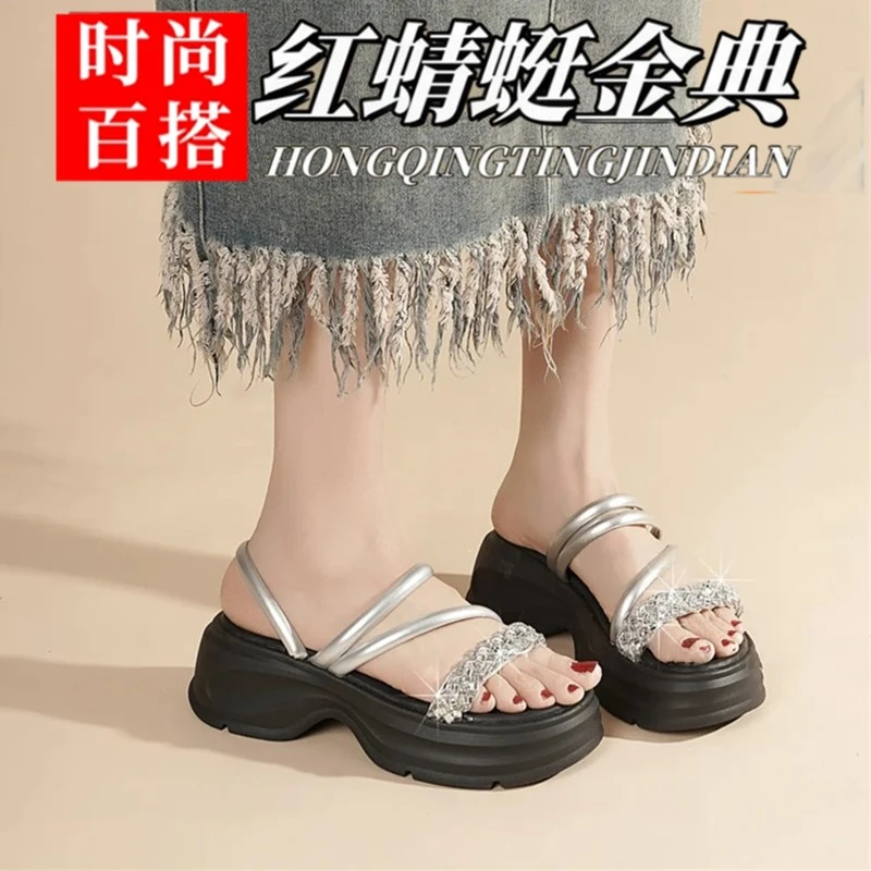 红蜻蜓金典真皮两穿凉鞋女新款外穿厚底一字带凉拖鞋百搭沙滩拖鞋