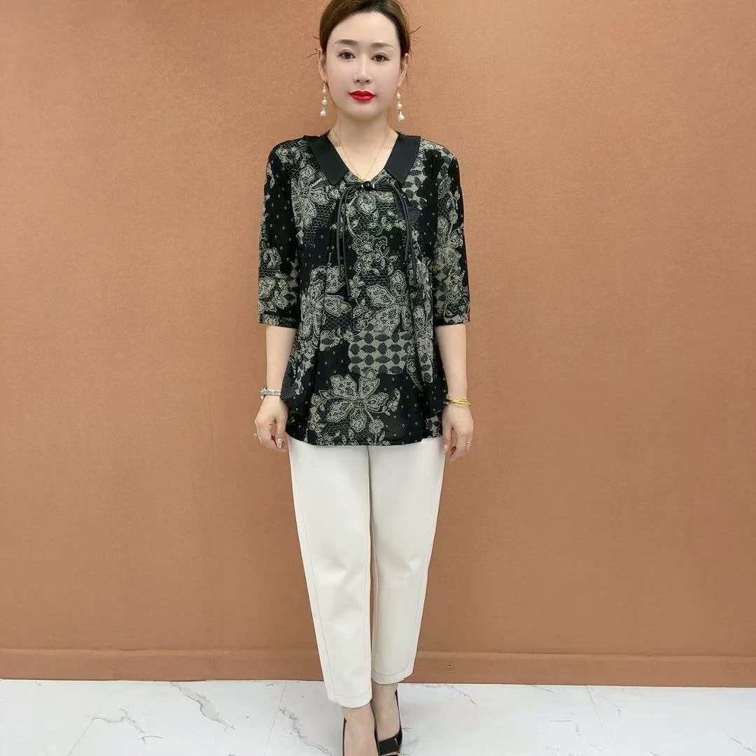 夏季大码中袖中老年洋气时尚妈妈装显瘦减龄遮肚上衣休闲