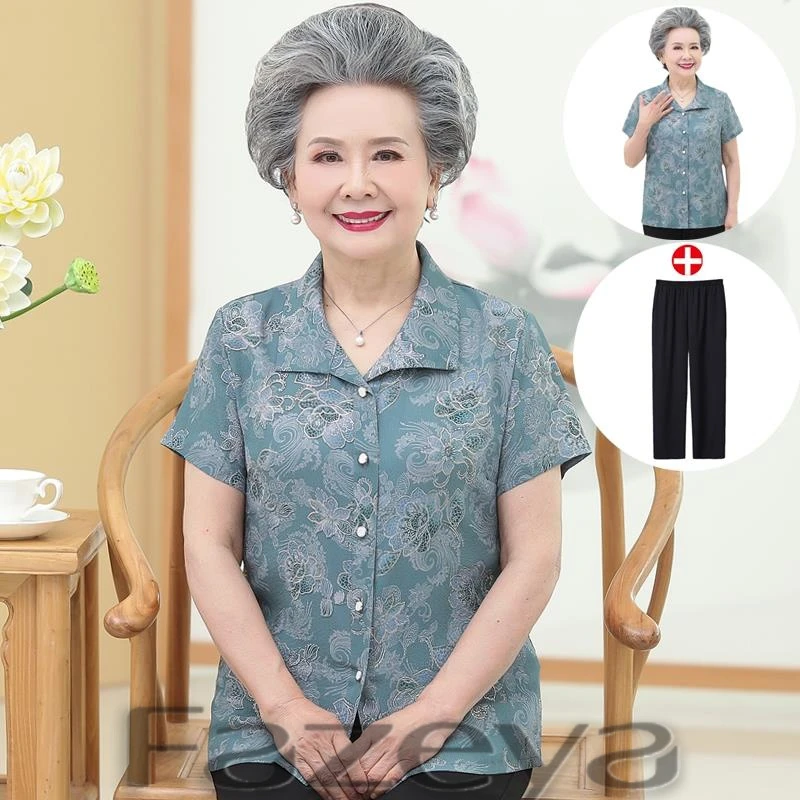 彩羊中老年人夏装女奶奶短袖衬衫洋气60妈妈夏季套装70