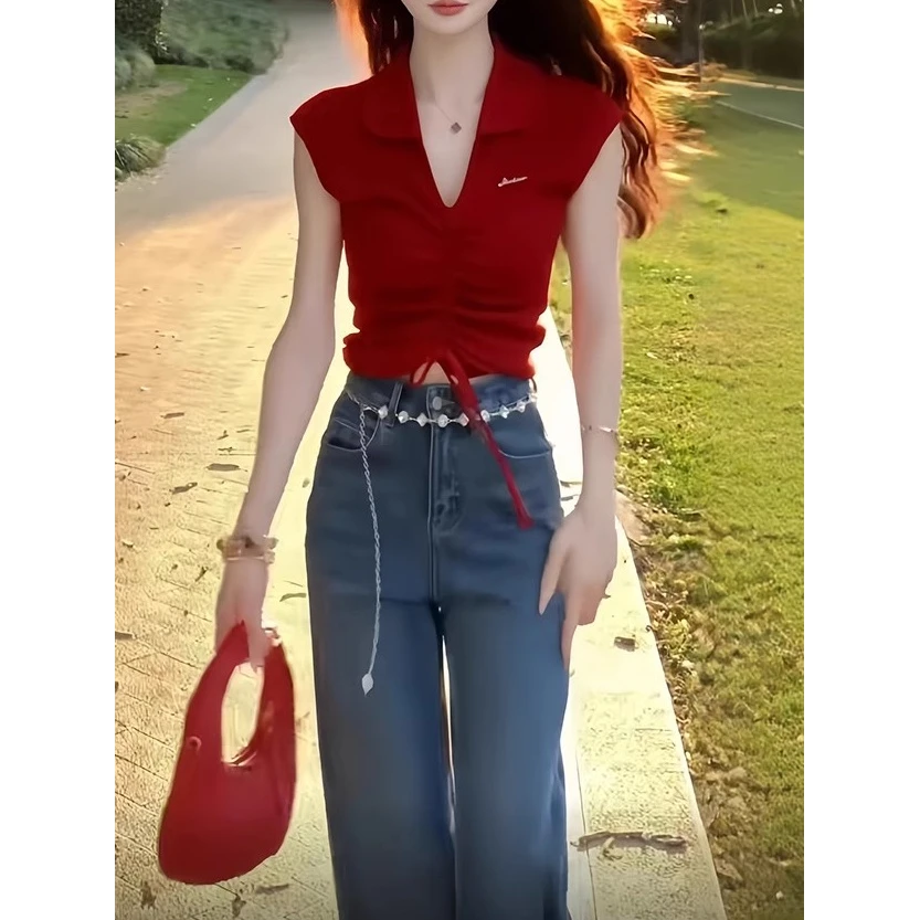 一眼相中的款！巨好看！红色V领外穿坎肩抽绳无袖T恤上衣女2025夏季