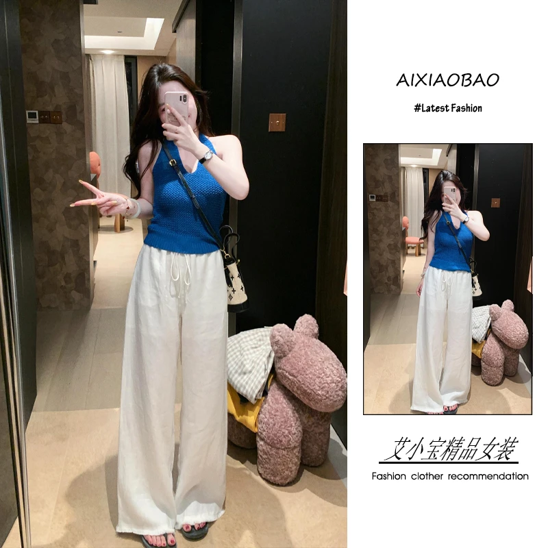 夏季2025年新款女装韩系慵懒风气质挂脖针织上衣流苏阔腿裤两件套