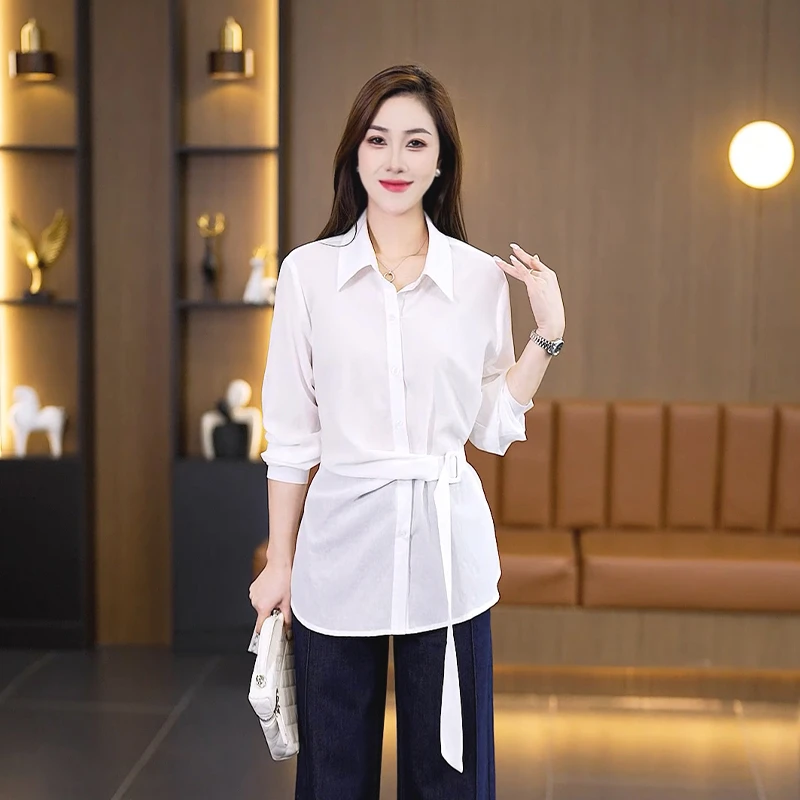 法式长袖衬衫女款春秋新款宽松纯色百搭收腰白色衬衣休闲减龄上衣