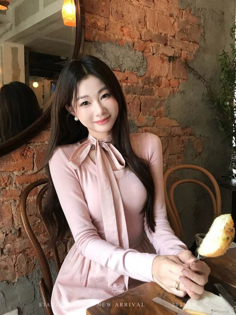 EIA一尧【奶芙裙】韩系温柔优雅连衣裙蝴蝶结领气质千金感显瘦长裙