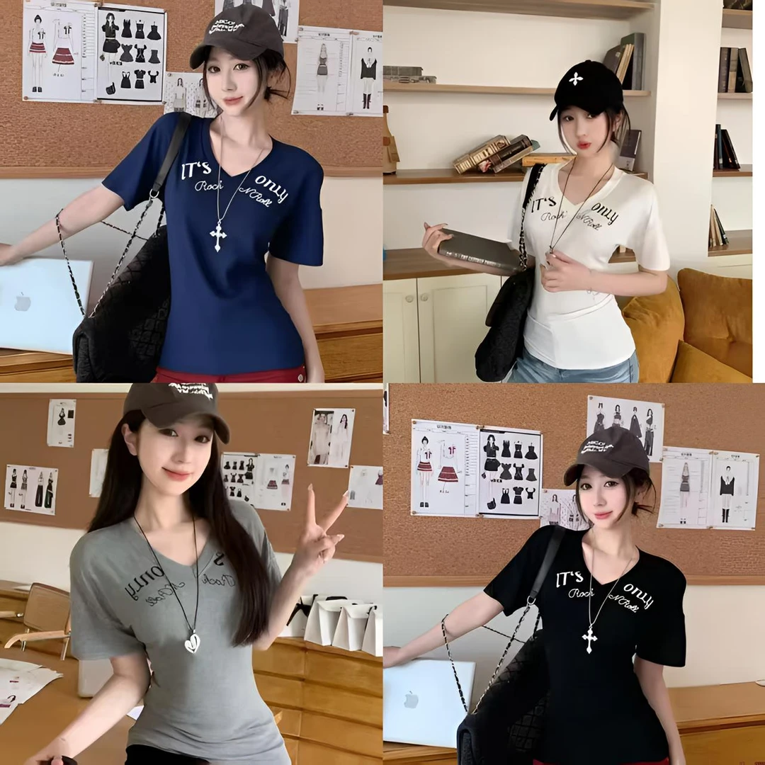 【赠运费险】美式辣妹修身显瘦字母印花短袖T恤女装百搭短款上衣