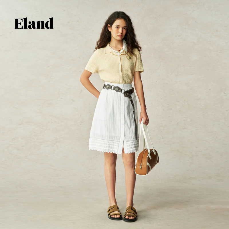 【女装优选YZ】Eland衣恋针织T恤女绞花短袖上衣夏季EECKF37R31