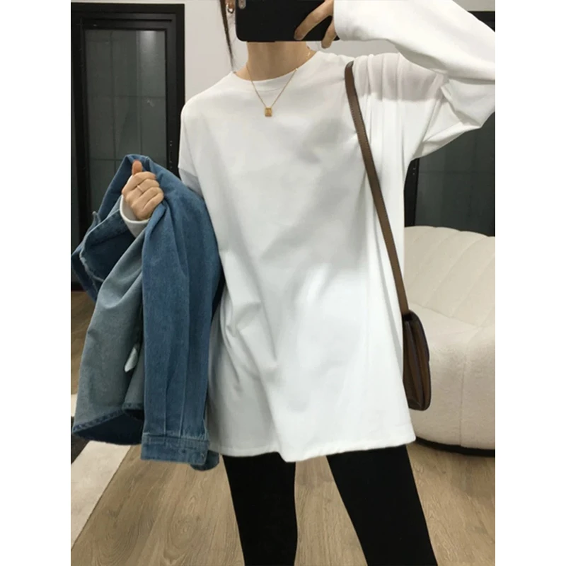 1122  春秋冬季白色长袖t恤女宽松上衣中长款磨毛德绒打底衫