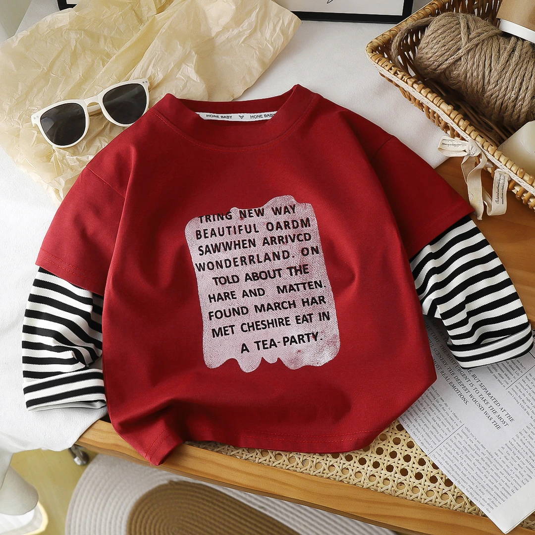 100棉儿童假两件卫衣春秋季新款洋气男童女童潮流拼接韩版长袖