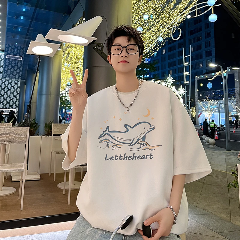 重磅麂皮绒短袖t恤男夏季青少年宽松圆领休闲海豚印花五分袖上衣