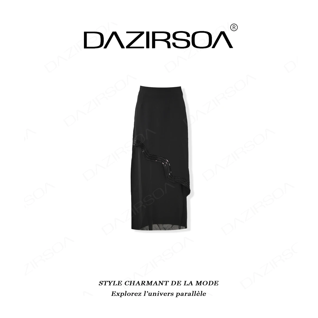DAZIRSOA/达姿“摩登游牧”时尚百搭拼接亮片个性假两件半身裙 Y883