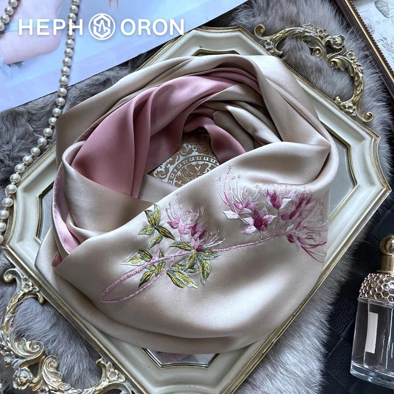 HEPHSORON苏绣丝巾礼盒送妈妈香槟色刺绣薄款披肩桑蚕丝真丝围巾