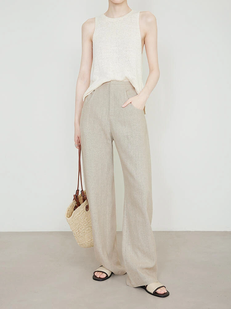 老钱风亚麻阔腿裤女夏高腰垂感老钱风高级感垂感西装阔腿裤新款