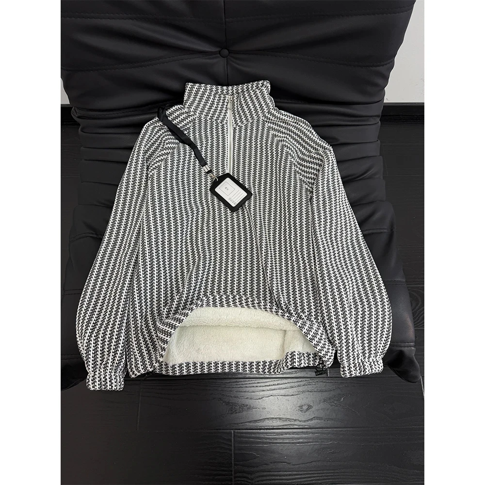 半拉链立领羊羔绒卫衣男冬季情侣加绒加厚高级感设计感小香风外套