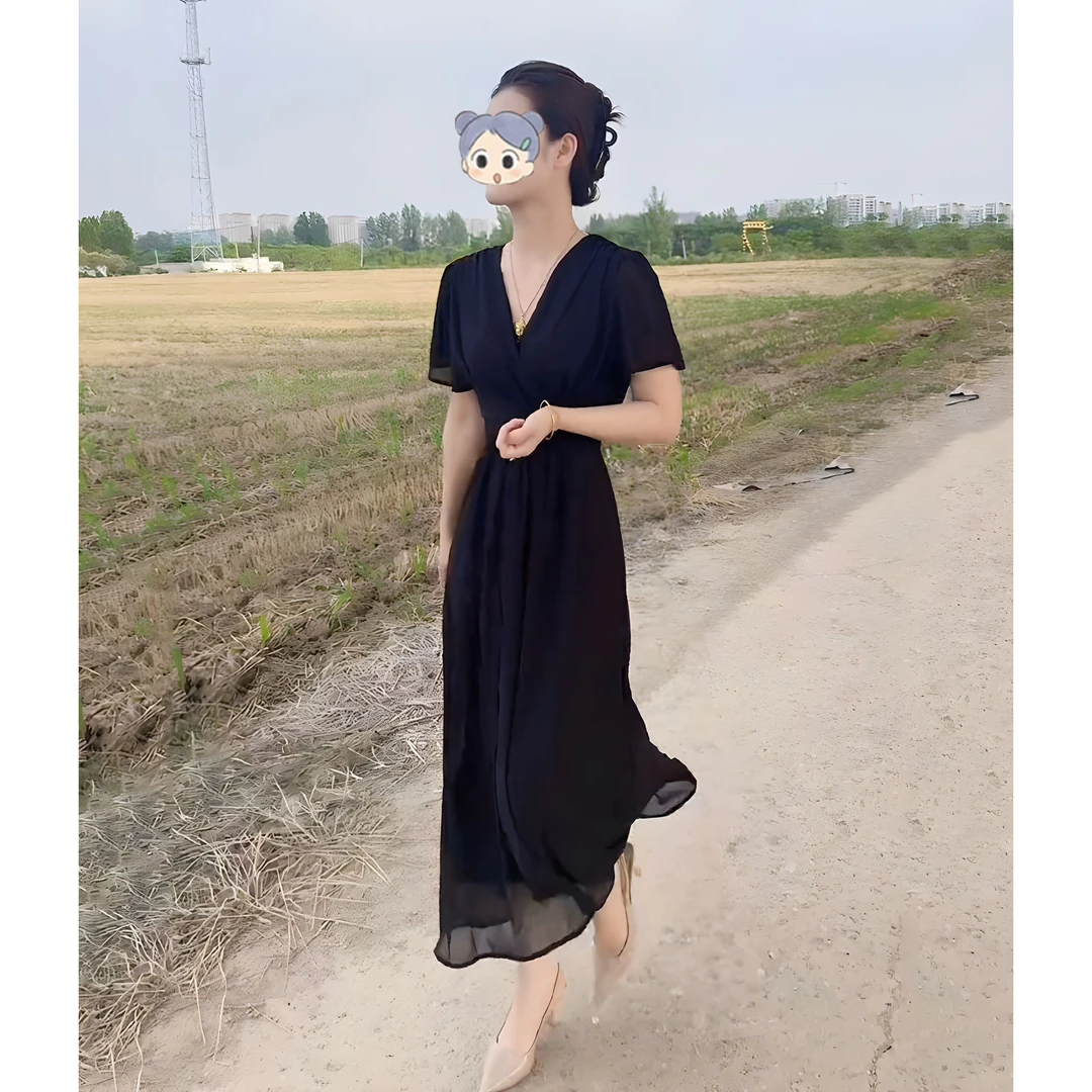2025夏季新款时尚气质女人味高端黑色V领短袖收腰显瘦长款连衣裙