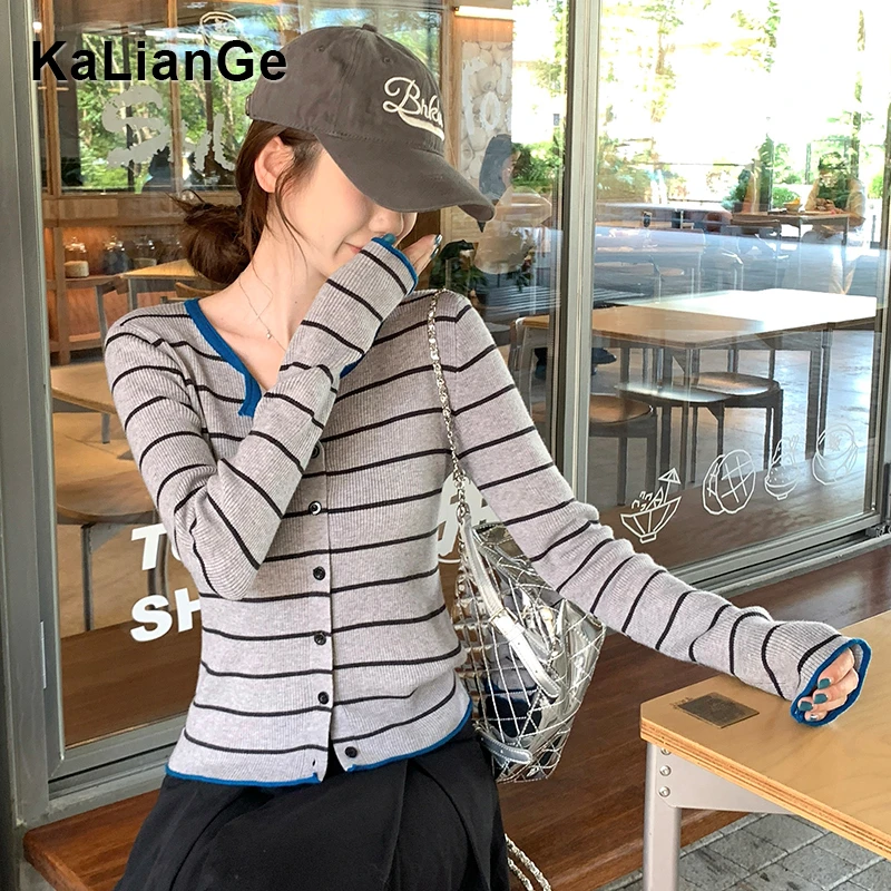 卡莲格/韩系爆款条纹气质上衣女秋季款修身显瘦短款休闲针织开衫