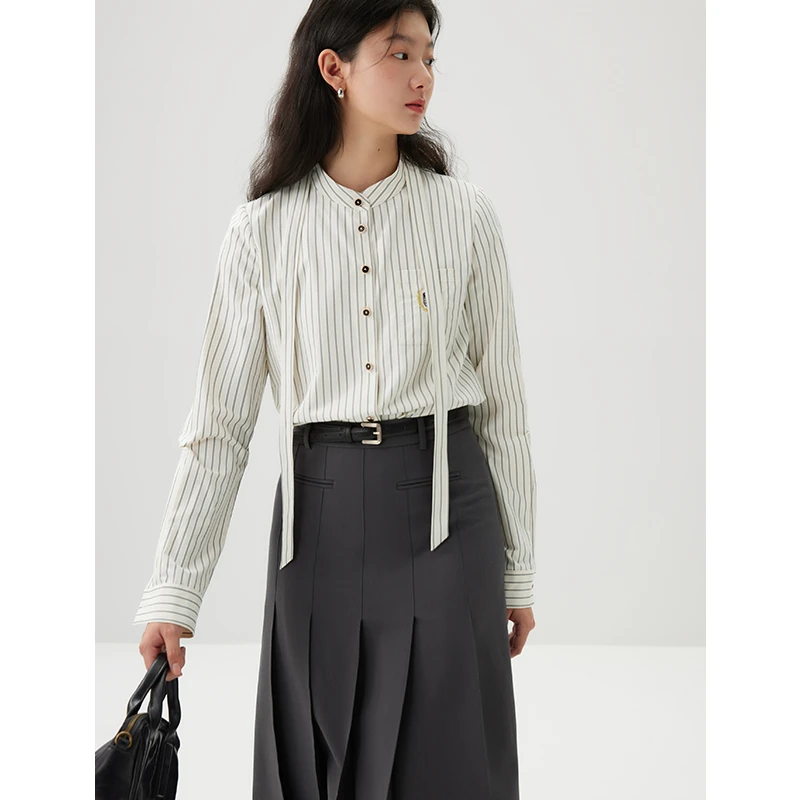 自巧小个子女装穿搭可拆卸通勤学院风条纹衬衫计感上衣 24ZQ91090