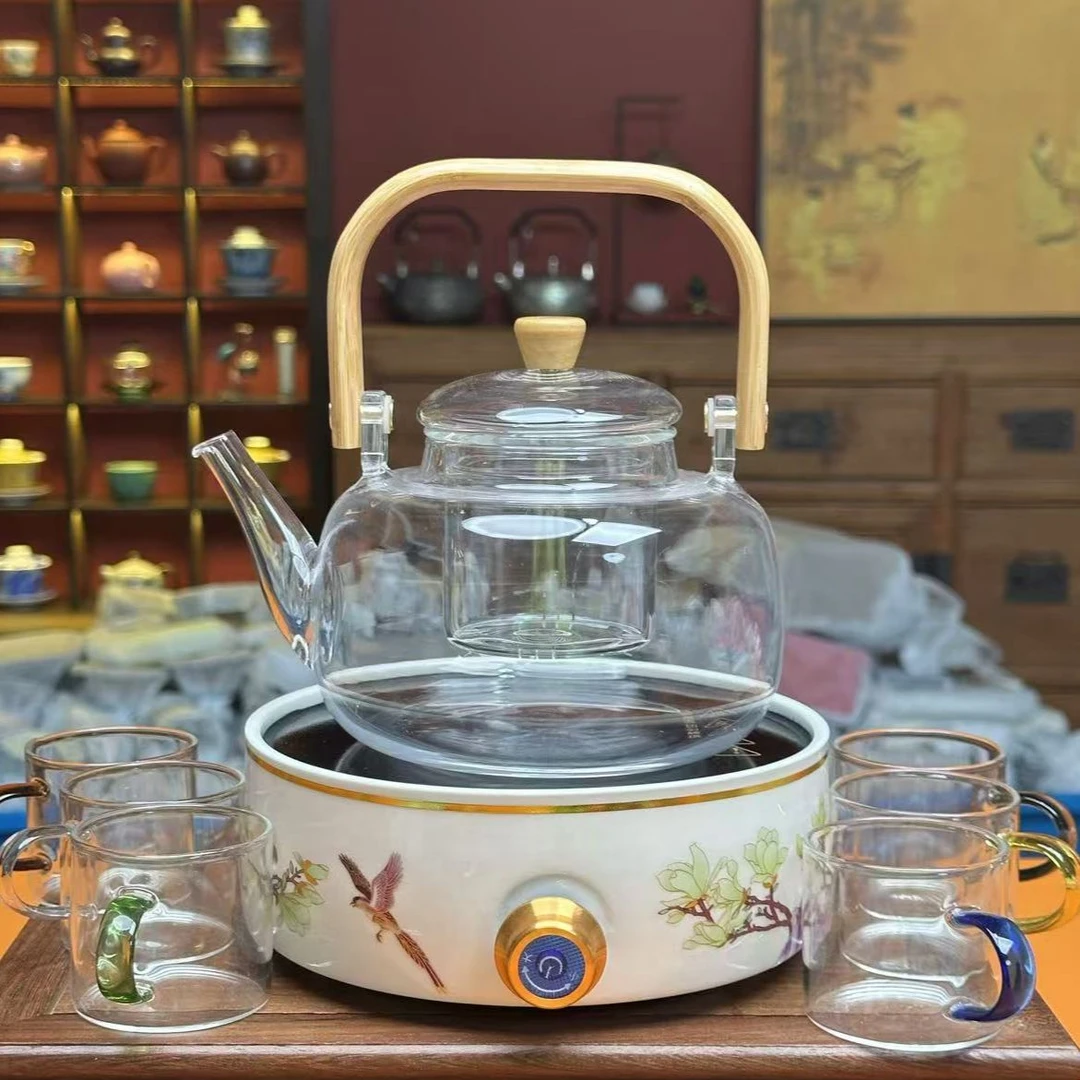 ZH2833-喜上眉梢电陶炉+玻璃提梁煮茶壶+六色玻璃把手杯YC