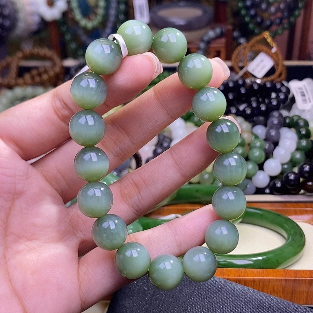 和田玉未镶嵌颈饰碧玉粉青猫眼老矿料手串12mm
