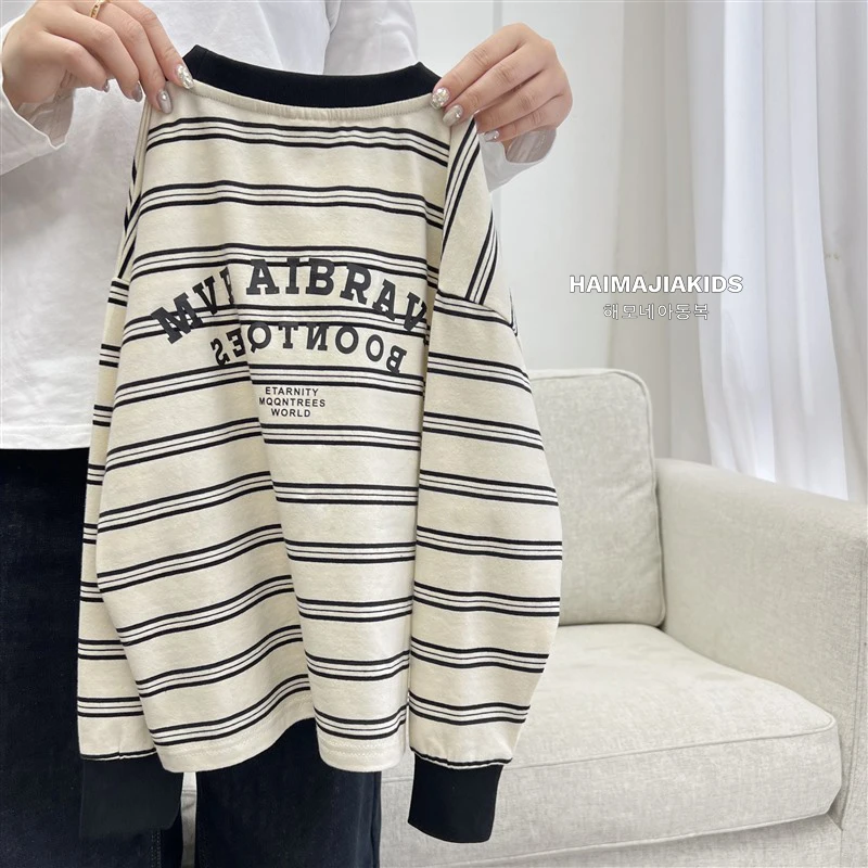 【微弹力色织条纹】男童重磅纯色双纱棉质长袖T恤2025春新款|25aa25