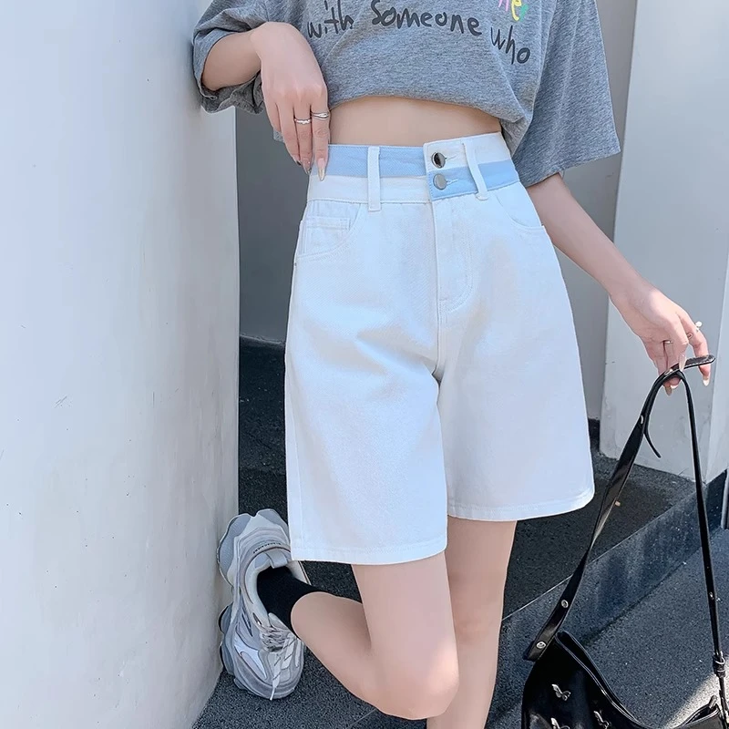 高腰牛仔短裤女夏季薄款小个子显瘦宽松辣妹五分裤拼色直筒热裤潮