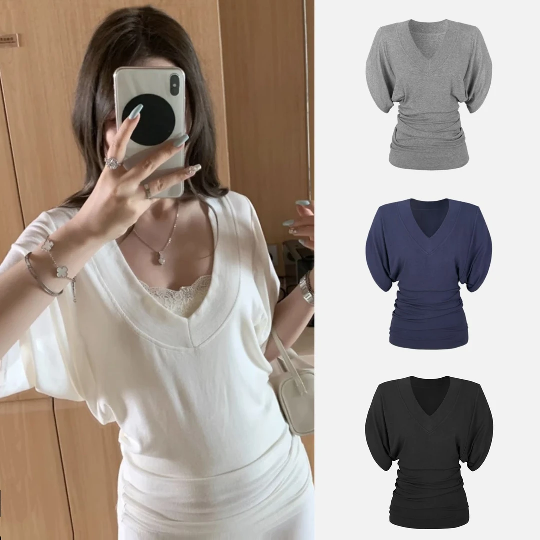 辣妹纯欲风V领宽松蝙蝠袖T恤女春季新款法式设计感收腰显瘦打底