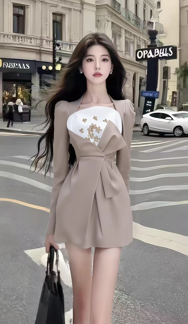 时尚休闲风气质短裙卡其色长袖修身收腰设计感显瘦小众连衣裙女