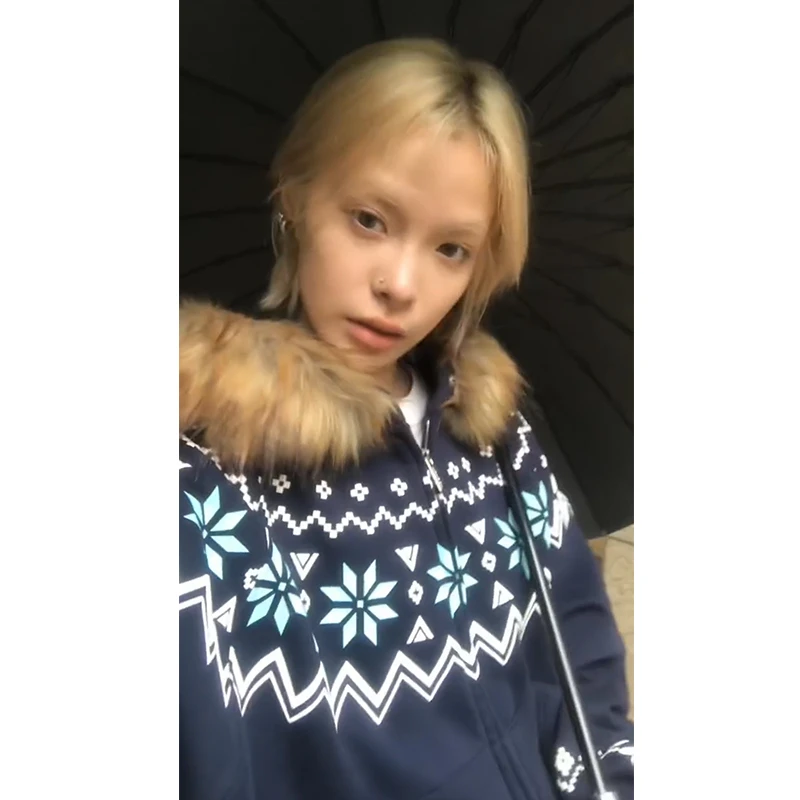 【珂塔芙】国潮牌费尔岛毛领连帽卫衣女宽松慵懒风加绒加厚开衫外套