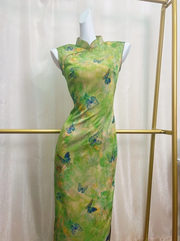 V-3172 浅韵蝶舞 贡段 无袖 新中式 夏款年轻款改良旗袍120cm长款