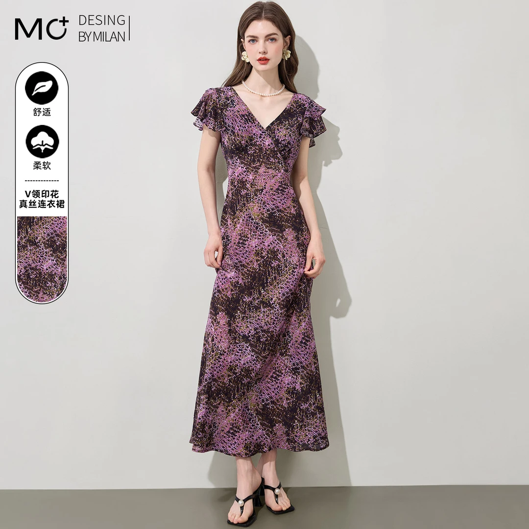 2025夏季新款时尚气质复古法式碎花真丝连衣裙飞飞袖减龄V领长裙