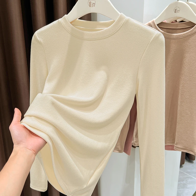 小个子双面德绒打底衫女秋冬长袖内搭拼接圆领针织t恤高级感上衣