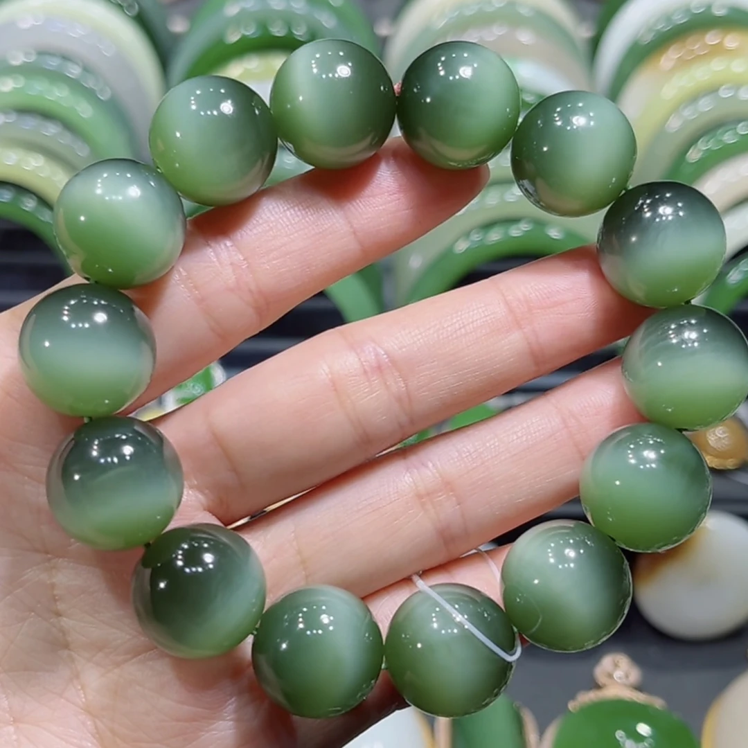 和田玉俄料碧玉一线天绿猫眼手串16mm