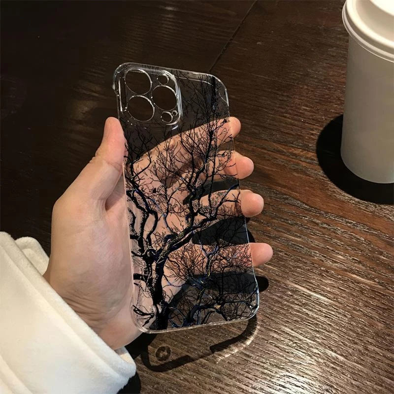 奥菲顿素描枯树适用iPhone16promax无边框pc壳华为vivo小米17oppo