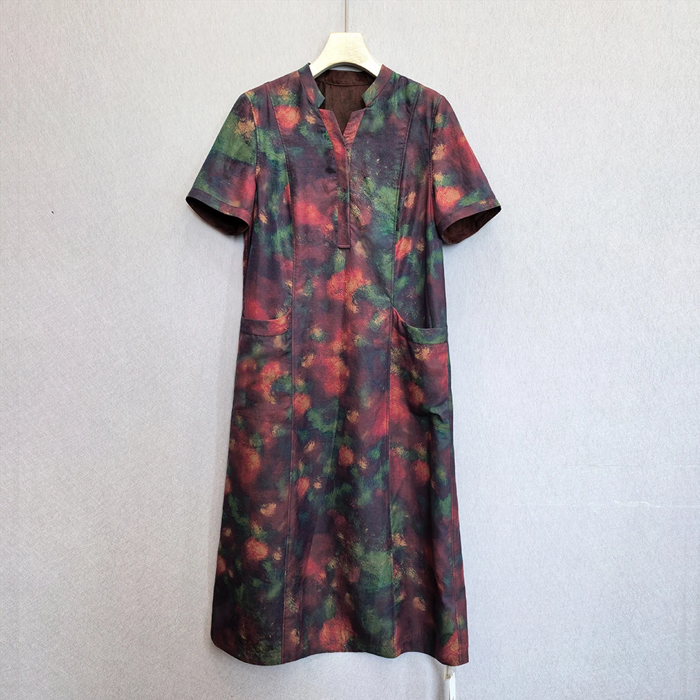 古韵蚕物【99332】老料V领双面穿龟裂纹桑蚕丝100%红云纱连衣裙女