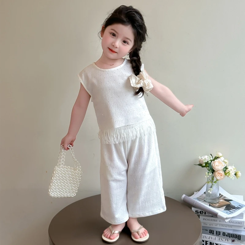 女童装夏季时髦洋气中大儿童女孩亮钻针织流苏背心阔腿裤两件套装