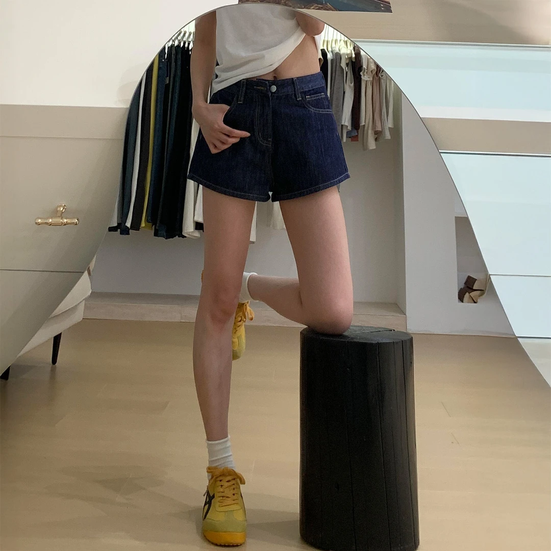 深蓝色直筒牛仔短裤女夏季薄款大码胖mm高腰遮胯显瘦a字阔腿热裤