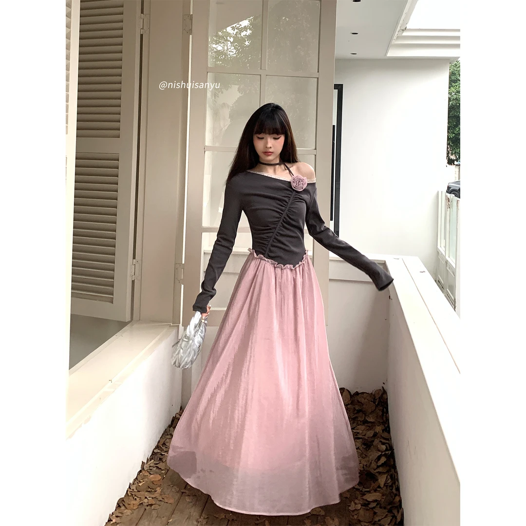 溺水三鱼【流动盛宴】法式小众设计感立体花朵抽褶长袖连衣裙长裙