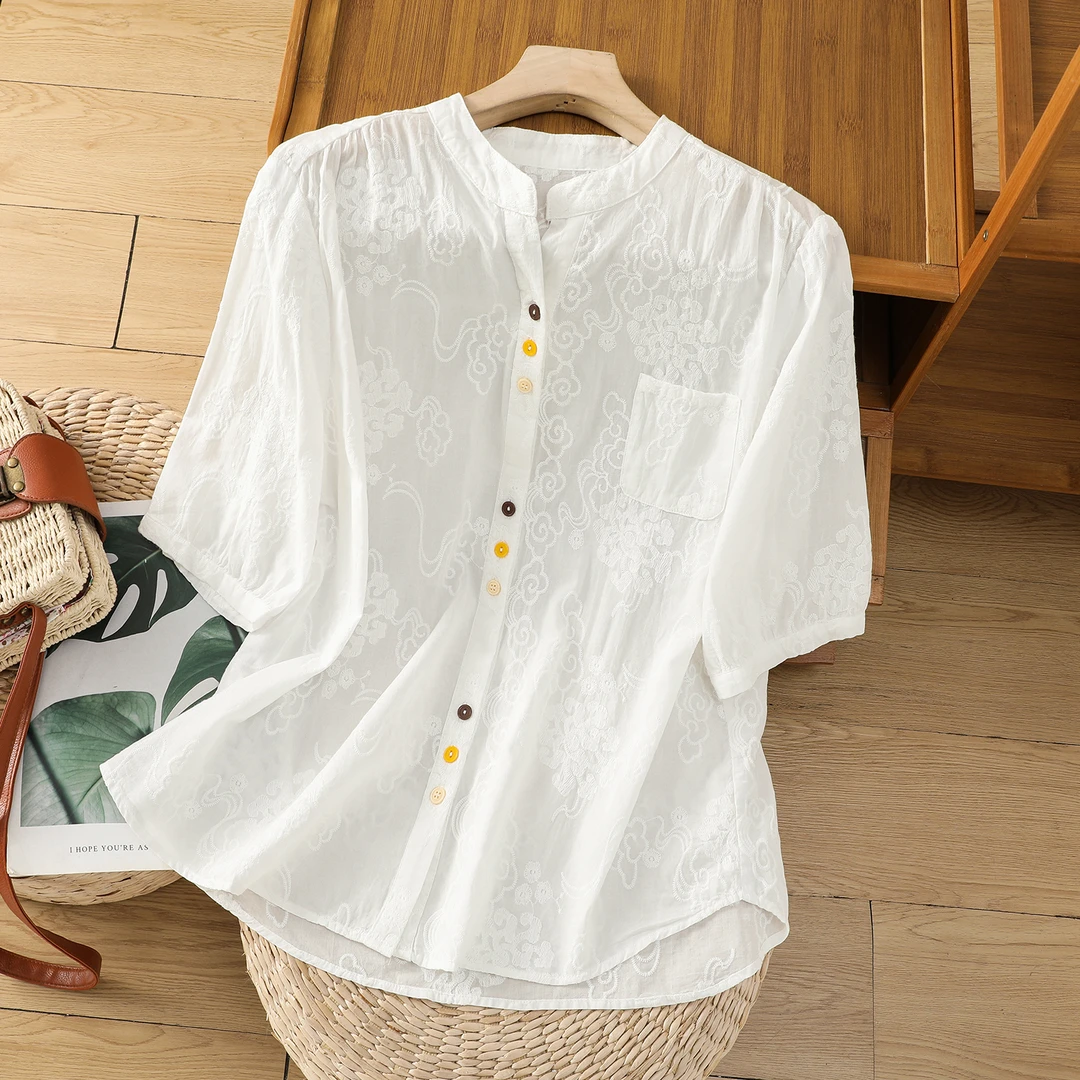 森系文艺范气质女装短袖衬衫满绣轻奢风小衫衬衣纯棉轻薄透气新款