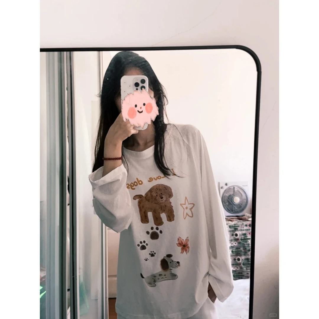 休闲慵懒风小狗印花长袖T恤女2025新款宽松减龄百搭圆领长袖上衣