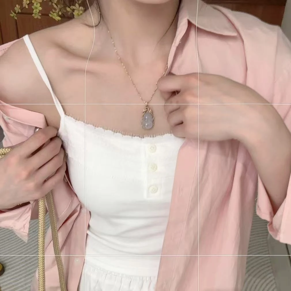 春夏蕾丝吊带背心带胸垫纽扣装饰外穿上衣固定杯白色内搭U形美背