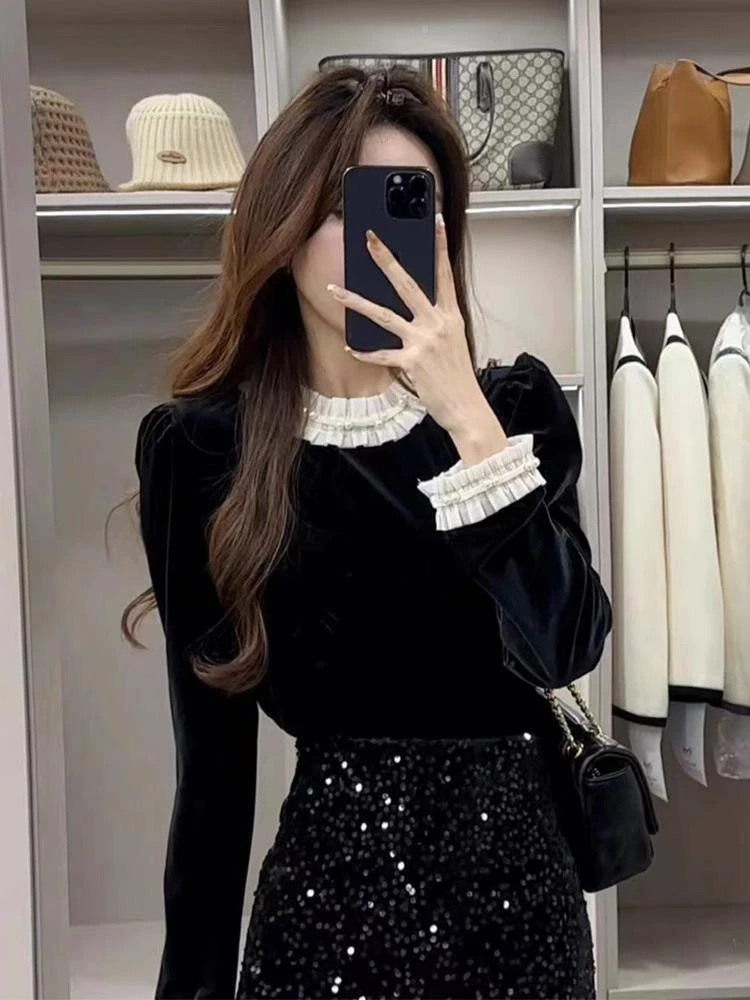 蕾丝拼接黑色丝绒上衣女2024秋冬季新款法式复古时尚小众长袖衬衫