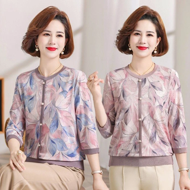 母亲节妈妈夏装冰丝七分袖小衫洋气质宽松T恤中老年人女士打底衫