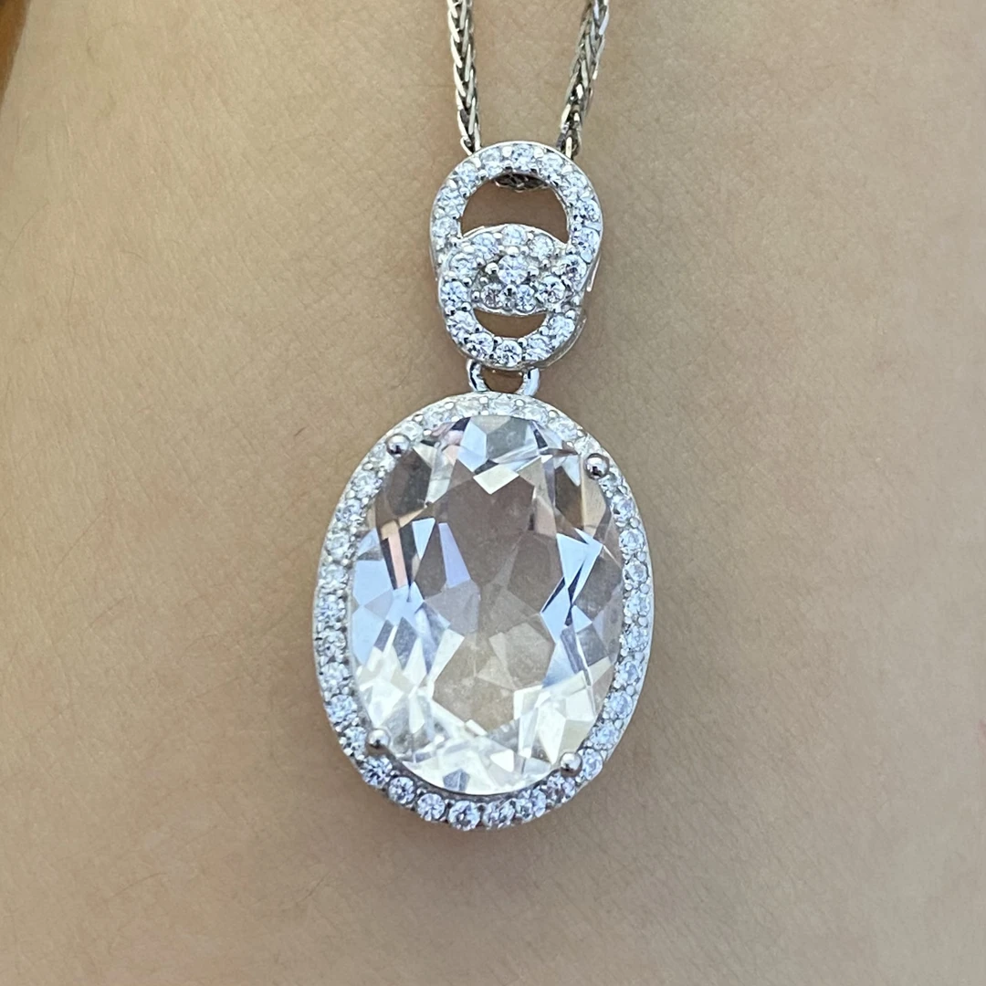 天然白水晶吊坠s925银 主石10*14mm轻奢经典戴妃款气质时尚百搭A