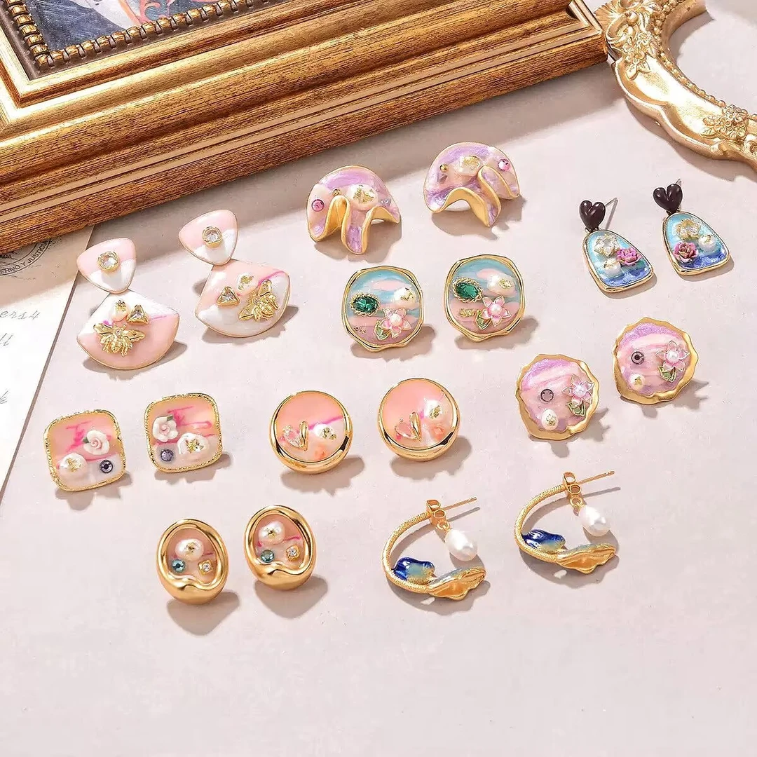 铜合金耳饰 铜合金耳饰手工复古油画万能扣吊坠项链直播下单链接