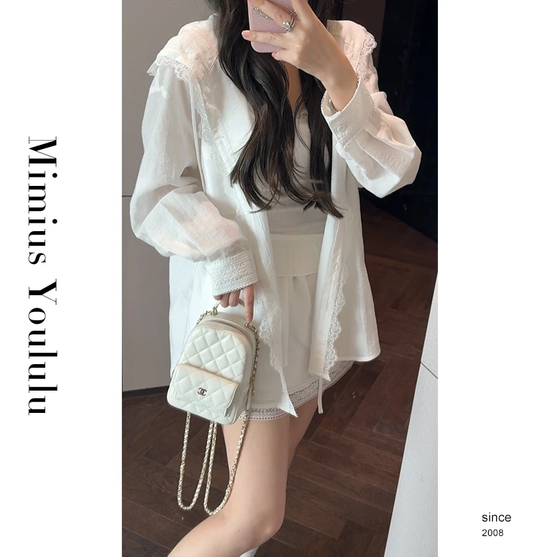 【mimius】L 慵懒松弛感蕾丝拼接通勤衬衫+裙裤（松紧腰） G04012