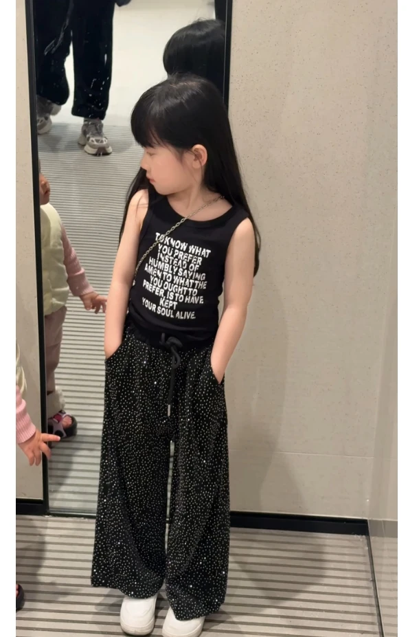 女童夏季套装2025新款亮钻阔腿裤黑色背心女孩时髦洋气舒两件套潮