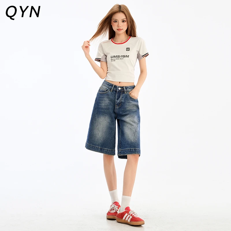 美式复古牛仔五分短裤女2025夏季新款宽松辣妹直筒阔腿a字中裤子