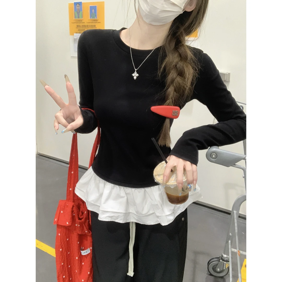 百搭芭蕾风花边黑色长袖t恤女秋季2025设计感修身内搭打底衫上衣