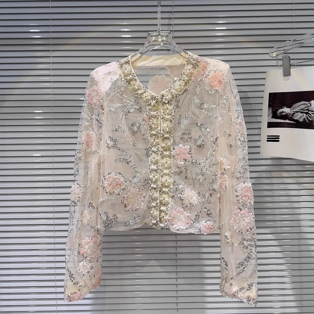 网红同款2025春夏新款法式高定珍珠边亮片刺绣欧根纱短外套上衣女