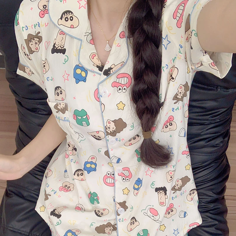 春秋季爆款卡通小新睡衣女款三件套装短袖短裤长裤学生休闲家居服