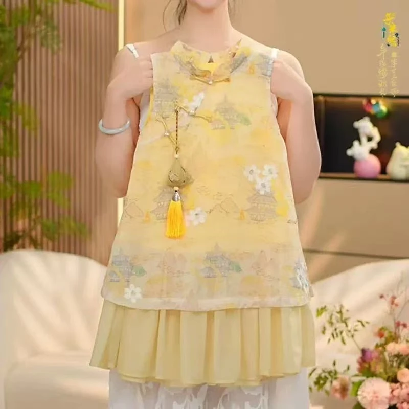 母女装夏季国风旗袍裙2025新款无袖新中式改良假两件古风旗袍裙