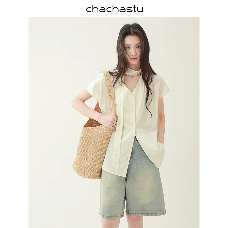 CHACHASTU 气质简约法式V领衬衫夏季纯色百搭显瘦短袖上衣H4187W